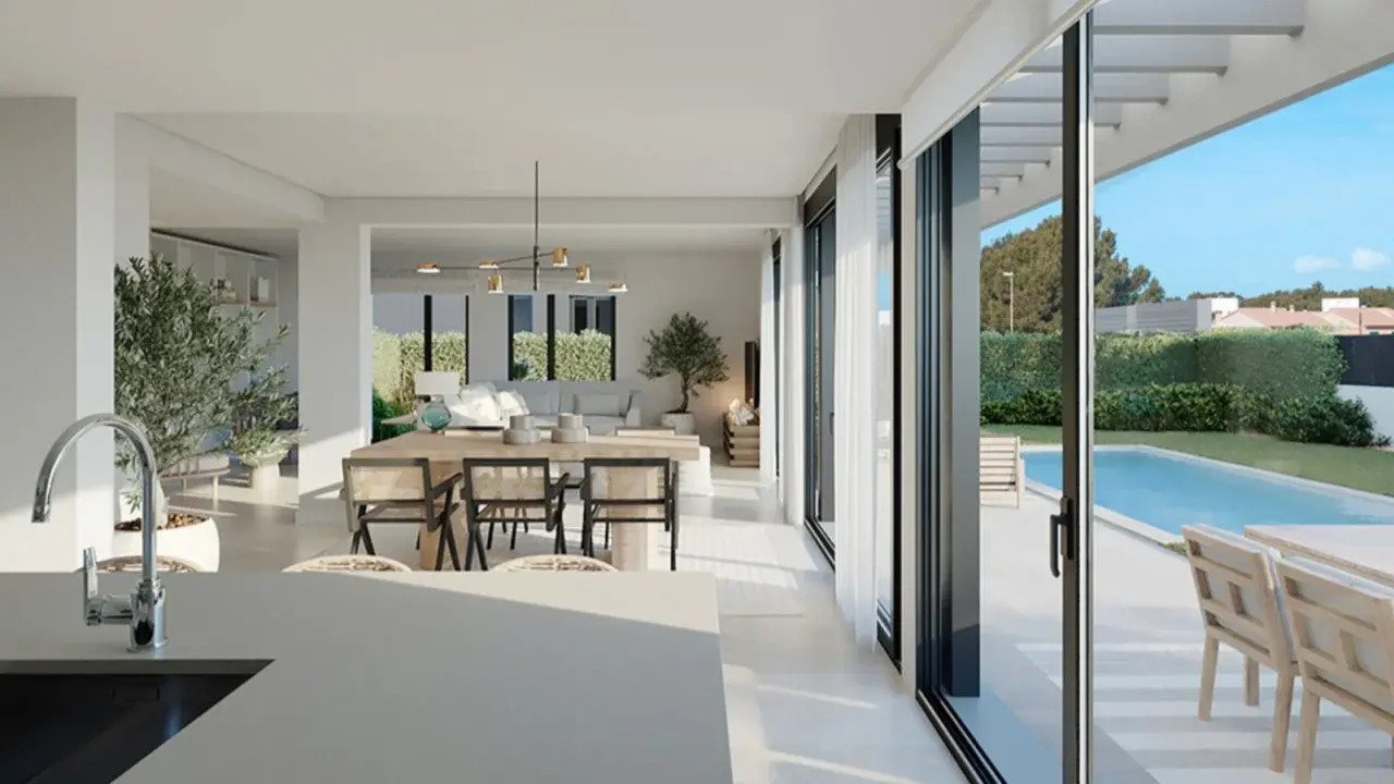 Zeitlose Eleganz: Moderne Neubau-Villa mit Garten, Pool und Meerblick